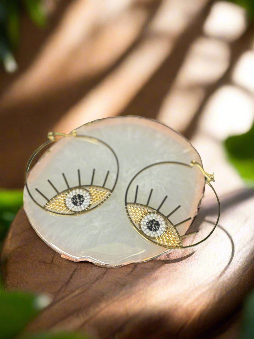 Evil Eye Beaded Gold Hoop Earrings