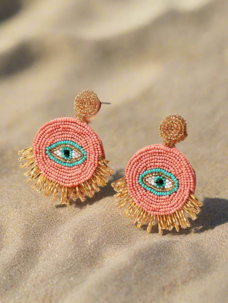 Evil Eye Decor Beaded Round Drop Earrings