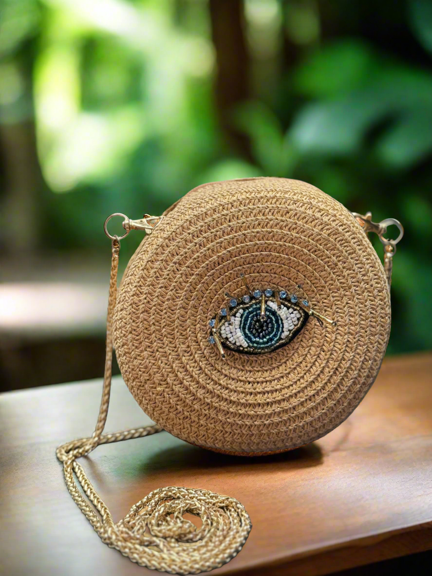 Evil Eye Boho Straw Tan Bag