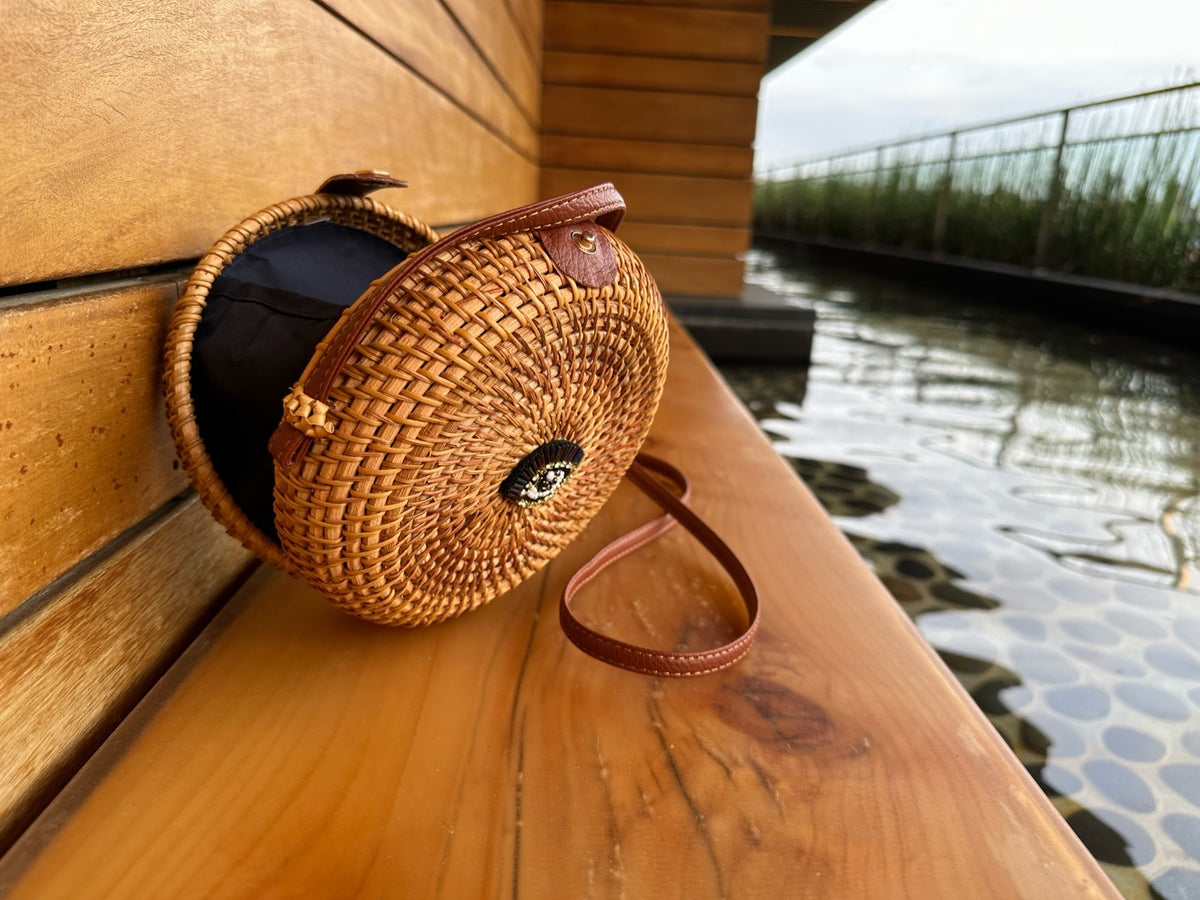 Evil Eye Handwoven Round Rattan Bag with Straw Bag Adjustable Shoulder Leather Straps.