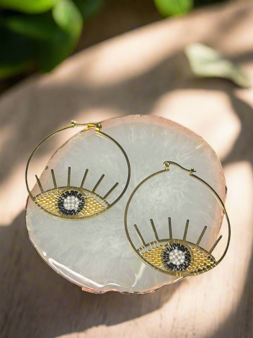 Evil Eye Beaded Gold Hoop Earrings